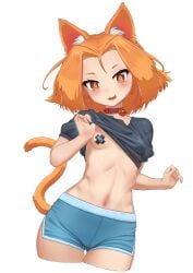 absurdres animal_ear_fluff animal_ears bangs bell black_shirt blue_shorts blush breasts carbon12th cat_ears cat_girl cat_tail clothes_lift collar collarbone dolphin_shorts female forehead highres jingle_bell looking_at_viewer navel one_breast_out open_mouth orange_eyes orange_hair original parted_bangs pasties shirt shirt_lift short_hair short_shorts short_sleeves shorts small_breasts smile solo tail thighs transparent_background x_pasties