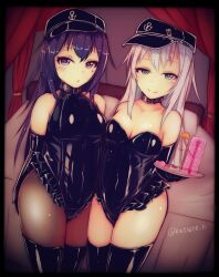 2girls artificial_vagina black_latex_legwear breasts hibiki_(kantai_collection) kantai_collection katsuten latex_legwear legwear medium_breasts multiple_girls purple_eyes purple_hair tagme thick_thighs