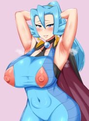 armpits arms_up big_breasts blue_hair blush busty cape clair_(pokemon) exposed_nipples gym_leader hips hyper hyper_breasts long_hair long_ponytail murasame_(pixiv_38411450) pokemon pokemon_hgss