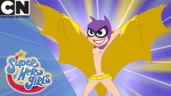 1girls barbara_gordon batgirl batman_(series) cape cartoon_network dc dc_comics dc_super_hero_girls female female_only flashing flashing_breasts green_eyes mask maxcat(artist) nude nude_female purple-mask screenshot_edit small_breasts smiling solo