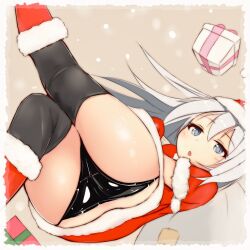 ass black_latex_panties black_panties eyebrows_visible_through_hair female female_focus female_only full_color hibiki_(kantai_collection) human human_female human_only kantai_collection katsuten latex_panties legwear light-skinned_female light_skin open_mouth panties santa_costume tagme thick_ass thick_thighs verniy_(kantai_collection) white_hair