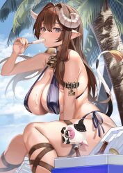 1girls animal_ears ass bikini blue_eyes bottle breasts brown_hair cleavage cloud cow_ears cow_girl cow_horns female highres horns huge_breasts ice_cream long_hair looking_at_viewer original sg_(satoumogumogu) sitting sky solo tail tree