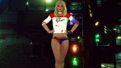 1girls 3d 3d_(artwork) batman_(series) blonde_female blurry clothed cosplay daz3d daz_studio dc dc_comics female female_only fishnet_stockings harley_quinn harley_quinn_(injustice) hotpants injustice_2 looking_at_viewer posing pov skoobrya solo suicide_squad suicide_squad_(2016)