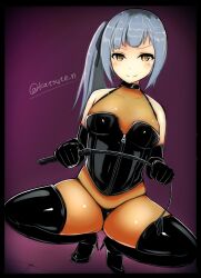 black_latex_corset black_latex_elbow_gloves black_latex_panties black_latex_thighhighs breasts dominatrix eyebrows_visible_through_hair katsuten latex_corset latex_panties latex_thighhighs panties small_breasts tagme whip zipper