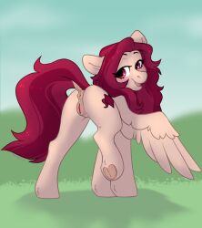 2021 anus ass crimm_harmony_(oc) cutie_mark digital_media_(artwork) equid equine feathered_wings feathers female feral friendship_is_magic genitals hair hasbro hi_res hooves itsspoopsb looking_at_viewer looking_back looking_back_at_viewer mammal my_little_pony nude open_mouth original original_character pegasus pink_hair pussy smile solo wings