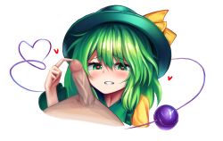 blush blushing censored_penis fully_clothed fully_clothed_female green_eyes green_hair hapy_(parkhyunjae9494) hat heart-shaped_pupils hearts_around_head koishi_komeiji looking_at_viewer naked_male penis simple_background touching_penis touhou