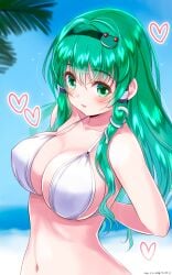 1girls ass beach bikini breasts cleavage female green_eyes green_hair long_hair sanae_kochiya solo swimsuit touhou yamaguchi_yuu