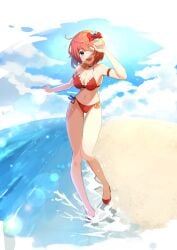 blue_eyes bow doki_doki_literature_club just_sayori nanamonqey_(artist) ocean one_eye_closed orange_hair red_bow red_shoes red_swimsuit sayori_(doki_doki_literature_club) shoes splashing_water swimsuit water