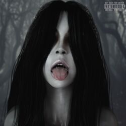 1girls 3d cum cum_in_mouth fatterrocker female ghost ghost_girl hair hair_covering_eye long_hair open_mouth pale-skinned_female pale_skin the_ring tongue tongue_out yamamura_sadako