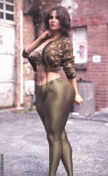 abs alley big_ass big_breasts big_butt brick_wall brown_hair camo_print clothing dumpster jacket latina legging lewdink looking_at_another looking_away muscle outdoors street thick thick_ass thick_thighs thighs toned toned_body top