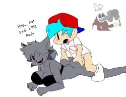 anthro blue_hair boyfriend_(friday_night_funkin) bra buttsex friday_night_funkin furry grey_body grey_fur kapi-chan kapi_(paperkitty) proto_ness_(artist) rule_63 text