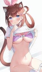 animal_ear_fluff animal_ears ayamy ayamy_(vtuber) blue_eyes bottomless bra breasts brown_hair cat_ears cat_girl cat_tail choker cleavage clothes_lift earrings extra_ears female frilled_bra frills hair_ornament hair_ribbon hair_rings hairclip hand_up highres indie_virtual_youtuber jewelry large_breasts lifted_by_self long_hair looking_at_viewer navel parted_lips purple_bra purple_choker ribbon shirt shirt_lift short_sleeves single_thighhigh solo stomach tail tail_raised thigh_strap thighhighs thighs underboob underwear virtual_youtuber white_shirt white_thighhighs x_hair_ornament