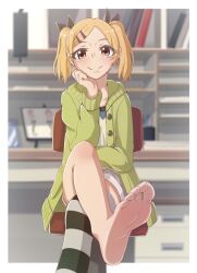 barefoot blonde_hair brown_eyes chair feet jacket shirobako short smile smiling socks twintails yano_erika