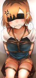 angry arms_behind_back blindfold bondage bondage chair chair_bondage cleavage cleave_gag crotch_rope gag miyamori_aoi orange_hair rope rope_bondage rope_harness shirobako short_hair shorts tied_up