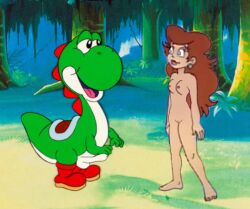 1boy 1girls big_nose black_eyes blue_eyes breasts brown_hair dic_entertainment earrings edit female_human green_body half-closed_eyes light-skinned_female light_skin long_hair male_anthro mario_(series) naked nintendo nipples nude open_mouth penis princess_peach princess_toadstool princess_toadstool_(dic_cartoons) pussy shoes the_super_mario_bros._super_show! thick thick_hips thick_thighs white_belly white_penis wide_hips yoshi