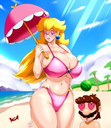 beach big_breasts bikini blonde_female crab heart_eyes mario mario_(series) nintendo pink-tinted_eyewear princess_peach speeds sunglasses super_mario_sunshine thick_thighs tinted_eyewear voluptuous