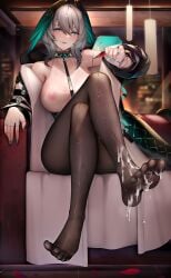 :p absurdres alcohol aqua_eyes aqua_nails arknights bangs bare_shoulders binggong_asylum black_pantyhose blush breasts ceiling_light closed_mouth coat couch crossed_legs cum_on_feet cup drinking_glass feet female fingerless_gloves fingernails full_body gloves grey_hair head_wings highres ho'olheyak_(arknights) holding holding_cup horheyer_(arknights) indoors large_breasts long_fingernails long_sleeves nail_polish nipples no_bra no_shoes off_shoulder on_couch open_clothes open_coat pantyhose petals pouring pouring_on_feet pouring_onto_self saliva saliva_trail see-through shirt short_hair sitting smile snake_tail solo straight tail toenail_polish toenails tongue tongue_out wet wet_clothes wet_shirt white_coat white_shirt wine