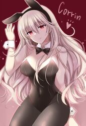 1girls alternate_costume animal_ears bangs bare_shoulders black_bow black_leotard black_pantyhose blush bow bowtie breasts bunny_ears bunny_girl bunnysuit character_name cleavage closed_mouth corrin_(fire_emblem) corrin_(fire_emblem)_(female) covered_navel detached_collar fake_animal_ears female female_only fire_emblem fire_emblem_fates grey_hair hair_between_eyes heart kirishima_riona leotard light-skinned_female light_skin long_hair looking_at_viewer medium_breasts mixed-language_commentary nintendo pantyhose playboy_bunny rabbit_ears red_background red_eyes smile solo solo_female strapless strapless_leotard thighs wavy_hair white_hair wrist_cuffs