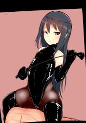 asashio_(kantai_collection) dominatrix eyebrows_visible_through_hair female femdom holding_whip kantai_collection katsuten legwear sitting sitting_on_person tagme whip whip_marks