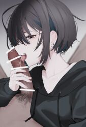 1boy :d bar_censor black_eyes black_hair black_hoodie blurry censored clothed_female_nude_male collarbone depth_of_field drawstring earrings erection fellatio female handjob highres hood hood_down hoodie jewelry licking licking_penis long_sleeves looking_at_viewer migihidari_(puwako) nude oerba_yun_fang open_mouth oral original penis short_hair sidelocks smile solo_focus straight tongue tongue_out