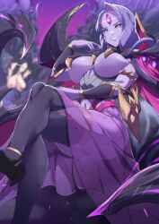 2girls bel'veth big_breasts breasts_out crossed_legs dress female female_focus female_only femdom large_breasts league_of_legends legs legs_crossed multiple_girls pov purple_eyes purple_hair purple_skin riot_games sharp_teeth smiling smiling_at_viewer tagme thick_thighs torahime