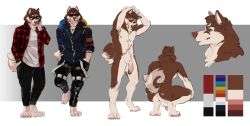 absurd_res anthro ass butt_markings canid canine canis curled_tail didihell domestic_dog eyewear flannel_shirt hi_res humanoid_genitalia husky male male_focus male_only mammal markings model_sheet nordic_sled_dog scar solo spitz streetwear sunglasses toklo_(damie)