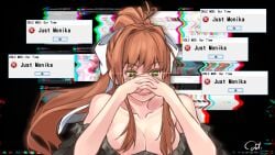 1girls astjiete big_breasts bow breasts_almost_out brown_hair doki_doki_literature_club error error_message evil_eyes evil_smile female green_eyes hands_together monika_(doki_doki_literature_club) nipples nipples_visible solo text text_box white_bow