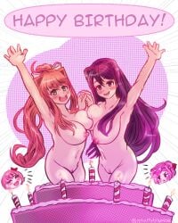 4girls arm_up big_breasts birthday birthday_cake birthday_candle birthday_party bow brown_hair cake candles closed_eyes doki_doki_literature_club duo_focus female female_only gnarlybramble hand_up happy happy_female huge_breasts looking_at_viewer monika_(doki_doki_literature_club) multiple_girls natsuki_(doki_doki_literature_club) purple_eyes purple_hair red_bow sayori_(doki_doki_literature_club) smiling teeth_visible text text_bubble white_bow yuri_(doki_doki_literature_club)