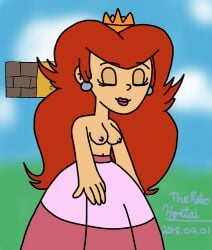 1girls ?_block breasts brick_block closed_eyes crown dic_entertainment dress earrings eyebrows_visible_through_hair female female_only human human_only light-skinned_female light_skin lips lipstick long_hair mario_(series) nintendo nipples princess_peach princess_toadstool princess_toadstool_(dic_cartoons) red_hair small_breasts smile solo solo_female the_super_mario_bros._super_show! theretrohentai topless