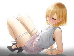 arms_behind_back blonde_hair blue_eyes blush bondage bondage helpless legs_tied miyamori_aoi panties shirobako skirt thighs underwear zip_tie