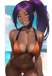 1girls bikini bleach breasts brown_skin cleavage dark-skinned_female dark_skin female female_only hips lainart large_breasts long_hair looking_at_viewer orange_bikini ponytail purple_hair shihouin_yoruichi slim_waist smile solo thick_thighs thighs wide_hips yellow_eyes