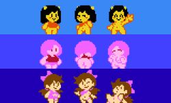 3girls adorable ass bibi_(nebularts) bottomless cheep_the_peanut chibi crossover cute demica_(cheep_the_peanut) famicom flashing hairbow happy looking_at_viewer mob_face multiple_girls navel nipples nude peace_sign pink_screen pixel_art pussy smile undressing yuh_(yopy)