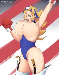 1girls alternate_version_available arm_up big_breasts blonde_hair blue_eyes boxing_gloves breasts breasts_out capcom clothing earrings female female_only gloves large_breasts light-skinned_female light_skin lips long_hair looking_at_viewer nipples one_eye_closed open_mouth red_boxing_gloves red_gloves rival_schools shymarplus solo star_earrings stockings thick thick_hips thick_thighs tiffany_lords topless wide_hips