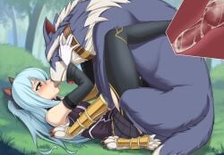 1boy 1girls ao_no_kiseki bestiality blue_fur canine clothed clothed_sex cum_in_pussy cum_in_uterus cum_inside cyan_hair eiyuu_densetsu female gloves holding_head impregnation impregnation_risk interspecies kissing knot knotting leg_lock leggings legwear licking long_hair missionary_position multicolored_fur on_back open_mouth outside outside_sex pantyhose penis quadruped self_upload sen_no_kiseki sex the_legend_of_heroes tio_plato tongue tongue_kiss tongue_out trails_of_cold_steel tuoni uncensored vaginal_penetration x-ray yellow_eyes zeit zero_no_kiseki zoophilia