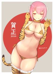 2022 eyebrows_visible_through_hair fake_animal_tail happy_new_year katsuten navel pink_eyes pink_hair tiger_bikini tiger_tail year_of_the_tiger