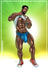 1male abs black_hair class_comics dark-skinned_male dark_skin facial_hair isaiah_shade male male_focus male_only muscular muscular_male patrick_fillion pecs shirt_lift shirt_up solo solo_male