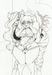 absurd_res aisha_(longinius) anthro anthro_on_anthro bent_over big_breasts big_penis bikini blush bodily_fluids breasts canid canine canis cleavage clothed clothing curvy_figure domestic_dog duo erection eyebrow_through_hair eyebrows felid female fingers fur genitals gynomorph gynomorph/female hair hair_over_eye hand_on_face handjob hi_res intersex intersex/female interspecies long_hair longinius mammal monochrome one_eye_obstructed open_mouth pantherine penile penis sex standing striped_body striped_fur stripes sweat swimwear thick_thighs tiger traditional_media_(artwork) translucent translucent_hair voluptuous wide_hips