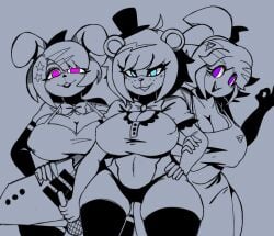 2022 3girls animatronic bear big_breasts bird blue_eyes bonfie bonfie_(cryptia) bonnie_(cally3d) bonnie_(fnaf) breasts bunny cally3d chica_(cally3d) chica_(fnaf) chicken chiku chiku_(cryptia) clazzey cryptiacurves fazclaire's_nightclub female five_nights_at_freddy's fnaf freddy_(fnaf) fredina's_nightclub fredina_(cally3d) frenni_(cryptia) frenni_fazclaire osakana2gou pink_eyes purple_eyes rabbit scottgames