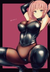 arms_behind_head atlanta_(kantai_collection) big_breasts breasts dominatrix earrings eyebrows_visible_through_hair kantai_collection katsuten pink_hair squatting tagme zipper