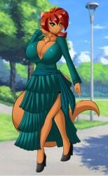 1girls 2022 anthro big_breasts breasts cleavage dress female female_only furry high_heels looking_at_viewer mastergodai mrs._amp original original_character solo tagme upstairstudios weasel