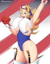 1girls alternate_version_available arm_up big_breasts blonde_hair blue_eyes boxing_gloves breasts capcom clothing earrings female female_only gloves large_breasts light-skinned_female light_skin lips long_hair looking_at_viewer one_eye_closed open_mouth red_boxing_gloves red_gloves rival_schools shymarplus solo star_earrings stockings thick thick_hips thick_thighs tiffany_lords wide_hips