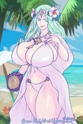 1girls alternate_costume bare_thighs beach bikini breasts cleavage female female_only fire_emblem fire_emblem:_three_houses fire_emblem_heroes gaz_of_nylrac green_eyes green_hair huge_breasts long_hair looking_at_viewer nintendo ocean official_alternate_costume outdoors rhea_(fire_emblem) rhea_(summer)_(fire_emblem) sand smile solo swimsuit thighs white_bikini white_swimsuit