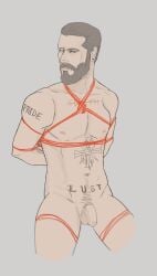 1boy 2018 artist_request blue_eyes bondage brown_hair brown_hair_male earring far_cry far_cry_5 john_seed light-skinned_male male male_focus male_only pale-skinned_male penis rope_bondage rope_harness shibari simple_background small_penis solo tattoo tattoo_on_arm tattoo_on_belly tattooed_arm tattoos tied_up