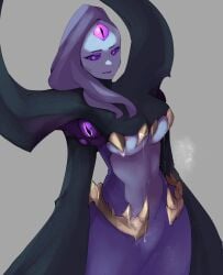 1girls bel'veth female female_focus female_only league_of_legends monster monster_girl purple_eyes purple_hair purple_skin riot_games saliva saliva_drip saliva_string saliva_trail simple_background solo solo_female solo_focus tagme