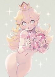 artist_request belly_button blonde_female blonde_hair blue_eyes blush crown female heart hidden_nipples mario_(series) naked nude nude_female princess_peach pussy smile valentine's_day