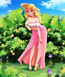 blonde_female blonde_hair blue_eyes breasts earrings female floral_background flower frills grass hat hat_ribbon highres jewelry long_hair looking_at_viewer mario_(series) melkcoffee pink_dress princess_peach sandals skirt smile solo