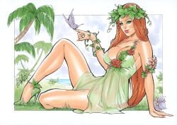 1girls cleavage clothed elias_chatzoudis eyeshadow female female_only green_dress large_breasts lipstick long_hair looking_at_viewer mother_nature nature nature_background red_hair red_lipstick seductive_eyes seductive_look seductive_smile smile solo solo_female tagme