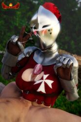 3d ammoblender armor armour athletic_female bevor blender blush boob_window breasts commissioner_upload cum cum_on_helmet gambeson gauntlets heart helmet human kardia_of_rhodes knight medieval_armour nature_background nisetanaqa original paizuri pauldrons rerebrace visor