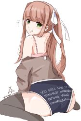 1girls ass blush blush_lines booty_shorts brown_hair butt doki_doki_literature_club female green_eyes hair hair_bow hair_ribbon long_hair looking_at_viewer looking_back looking_over_shoulder meme_attire meme_clothing monika_(doki_doki_literature_club) shorts solo text text_on_bottomwear text_on_clothing thighhighs thighs yuxine