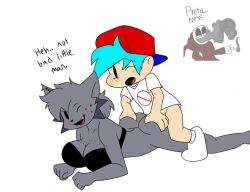 1boy 1boy1girl 1girls 4_fingers ambiguous_penetration anthro ass_grab blue_hair blush boyfriend_(friday_night_funkin) bra breasts cat cat_ears cat_girl female friday_night_funkin friday_night_funkin_mod genderswap grey_fur kapi_(paperkitty) kapikan_(proto_ness) lazy male open_mouth ponytail proto_ness_(artist) red_hat rule_63 sex smile text watermark wink winking